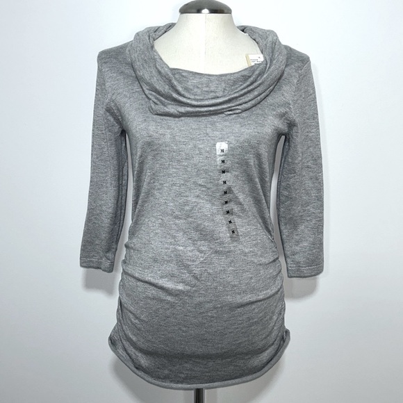 Pink Rose 3/4 Sleeve Cowl Neck Long Gray Sweater with Ruched Siding Size M - Picture 1 of 9